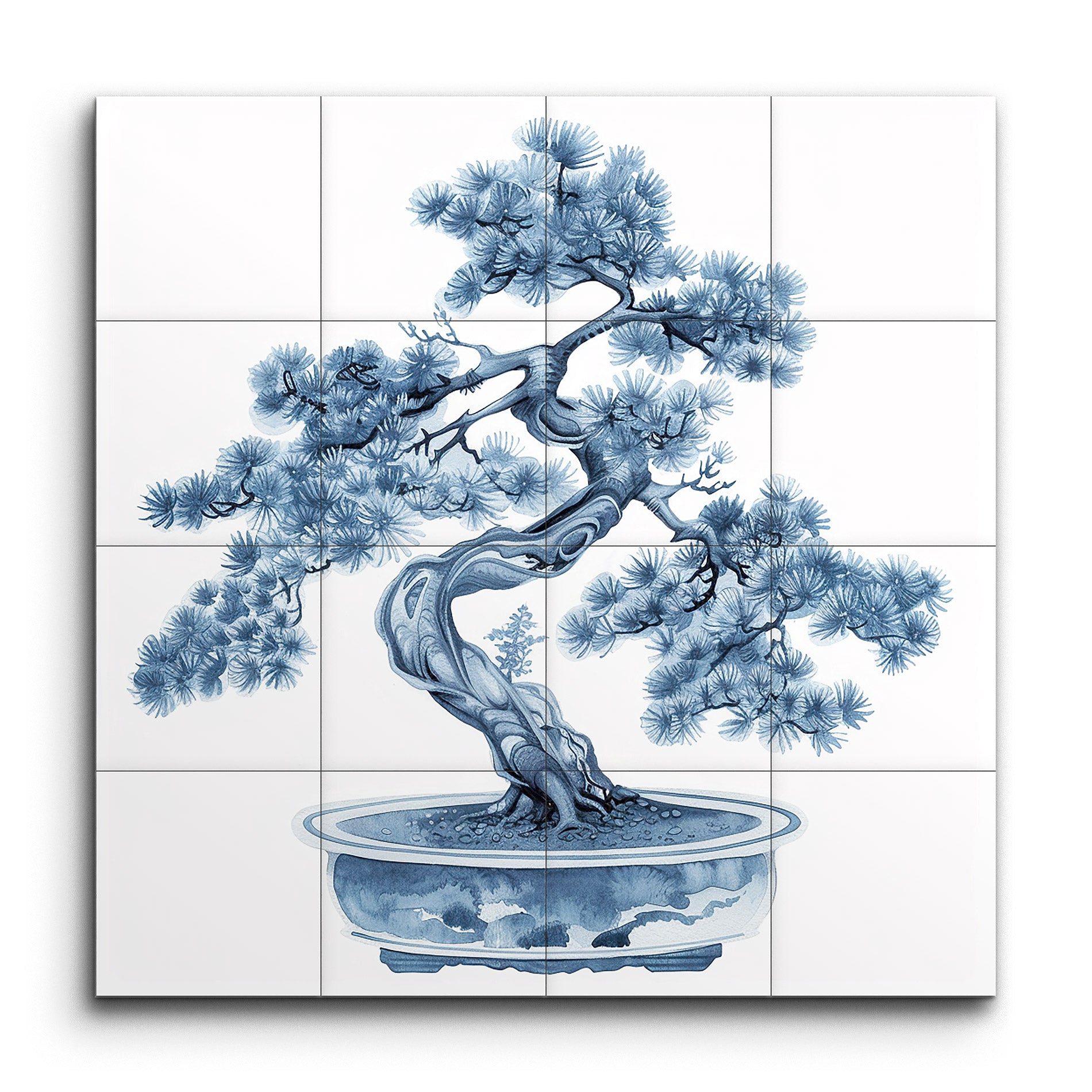 Exquisite Blue Bonsai Tree Tile Mural